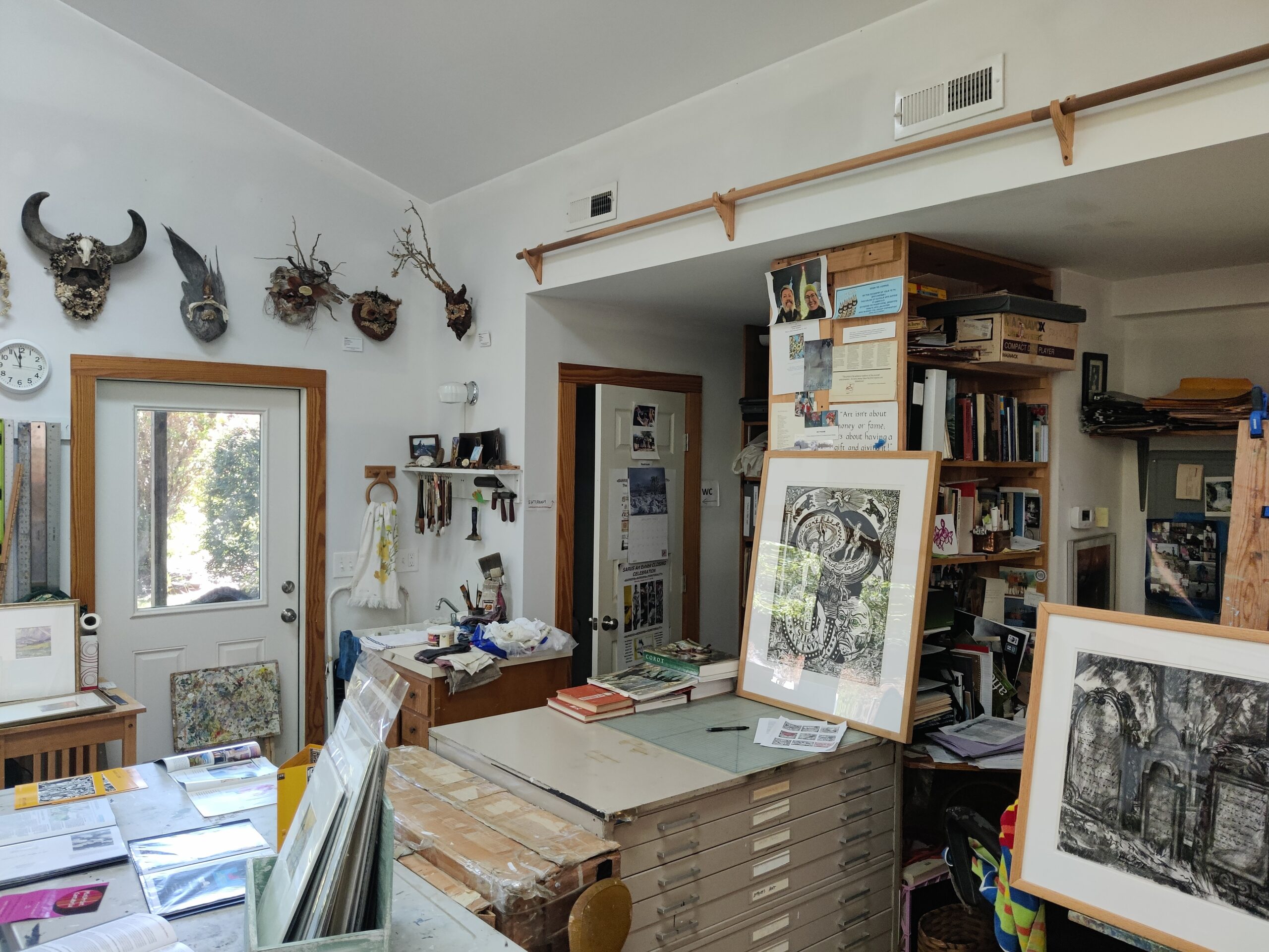 Prints and sculptures in Janette Hopper's studio.