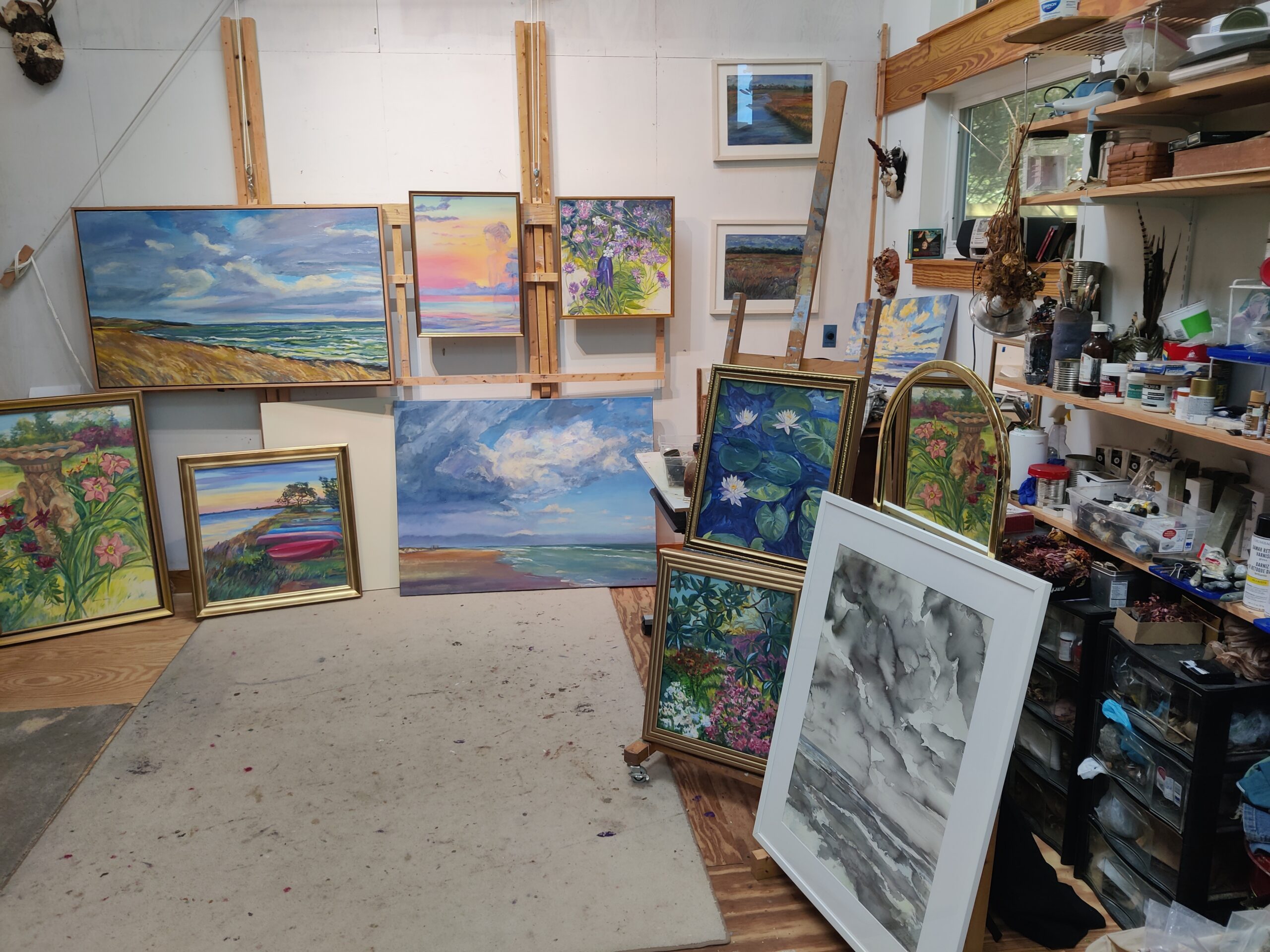 Paintings and painting supplies in Janette Hopper's studio.