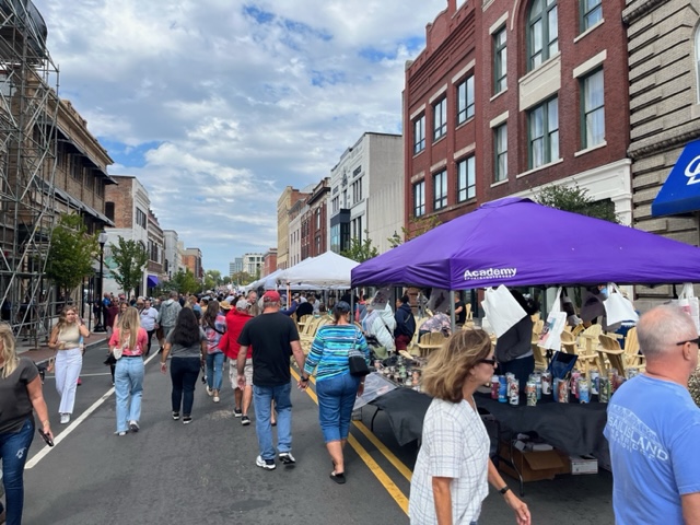 A view of people strolling through the arts and crafts vendor area of Riverfest.