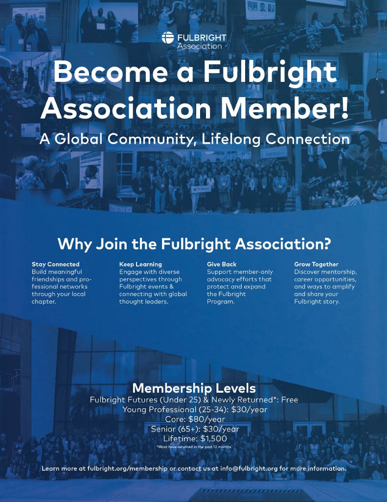 Flyer with information about becoming a Fulbright Association member, with a link to https://fulbright.org/membership where the same information can be found