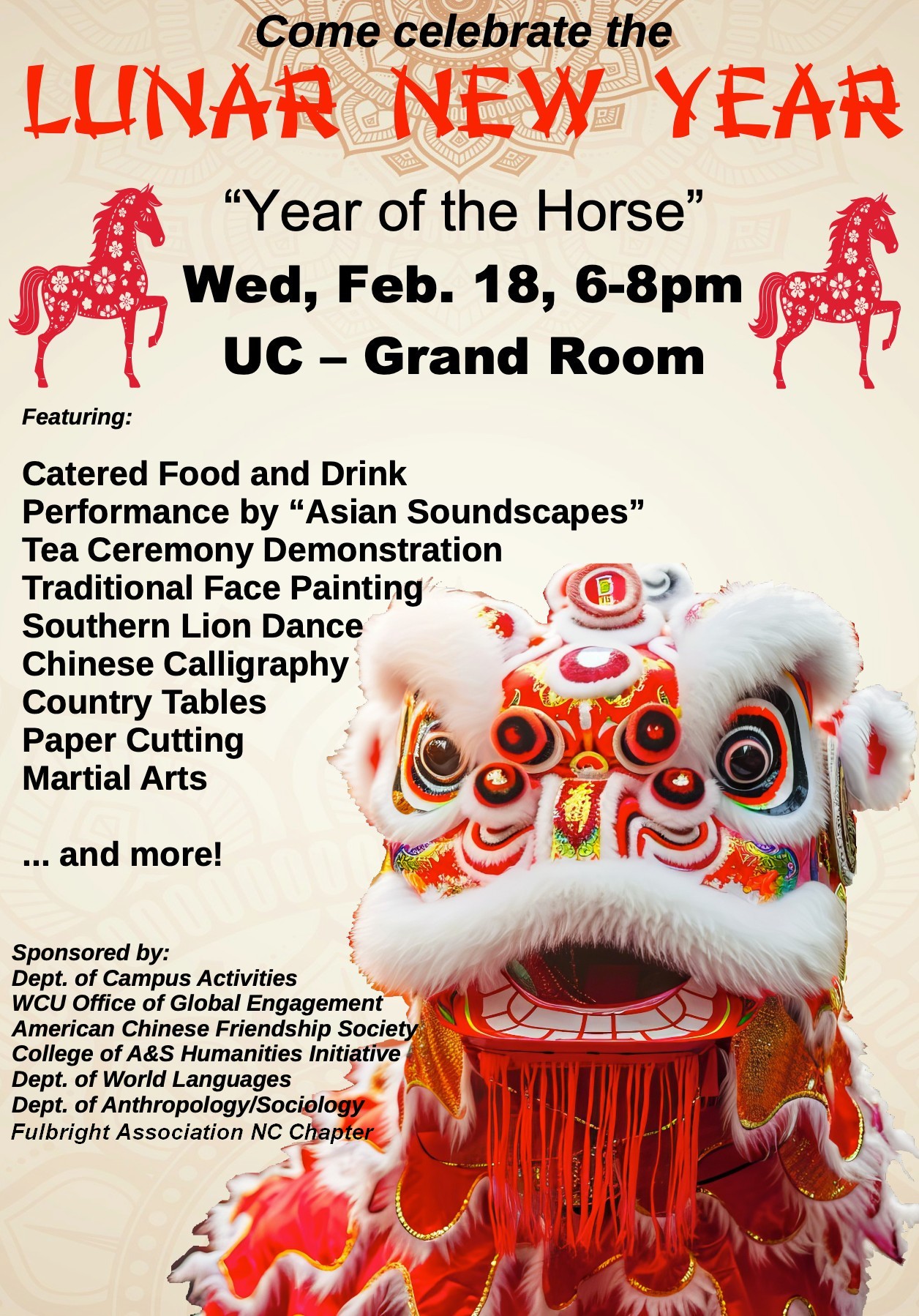 Lunar New Year, "Year of the Horse," Wed., Feb 18, 6-8pm, UC-Grand Room